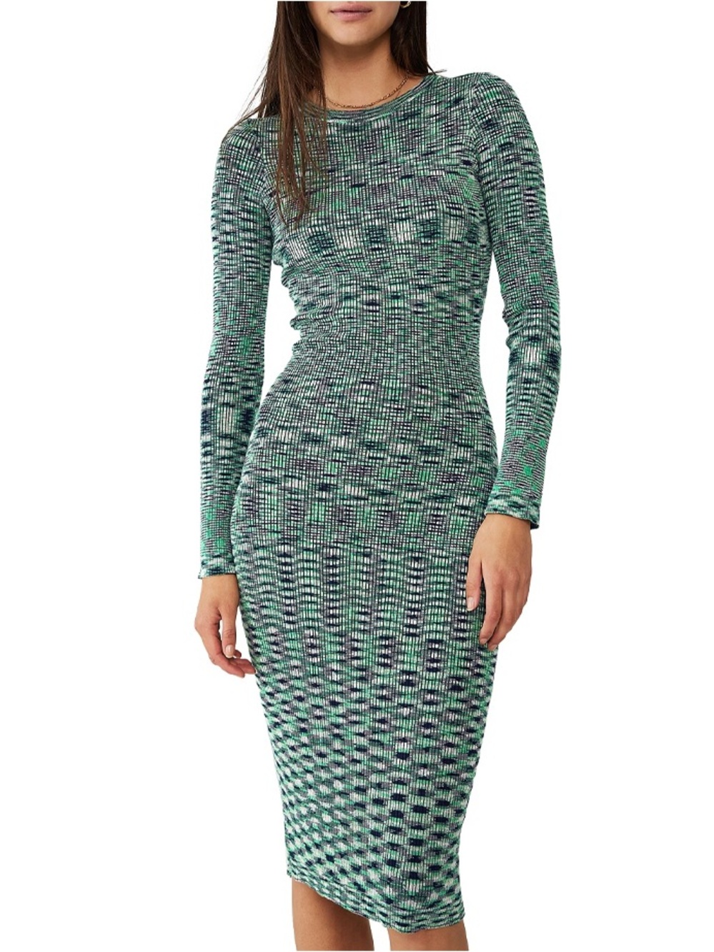 Cotton On Green Textured Long Sleeve Bodycon Midi Dress Space Dye Stretch Small